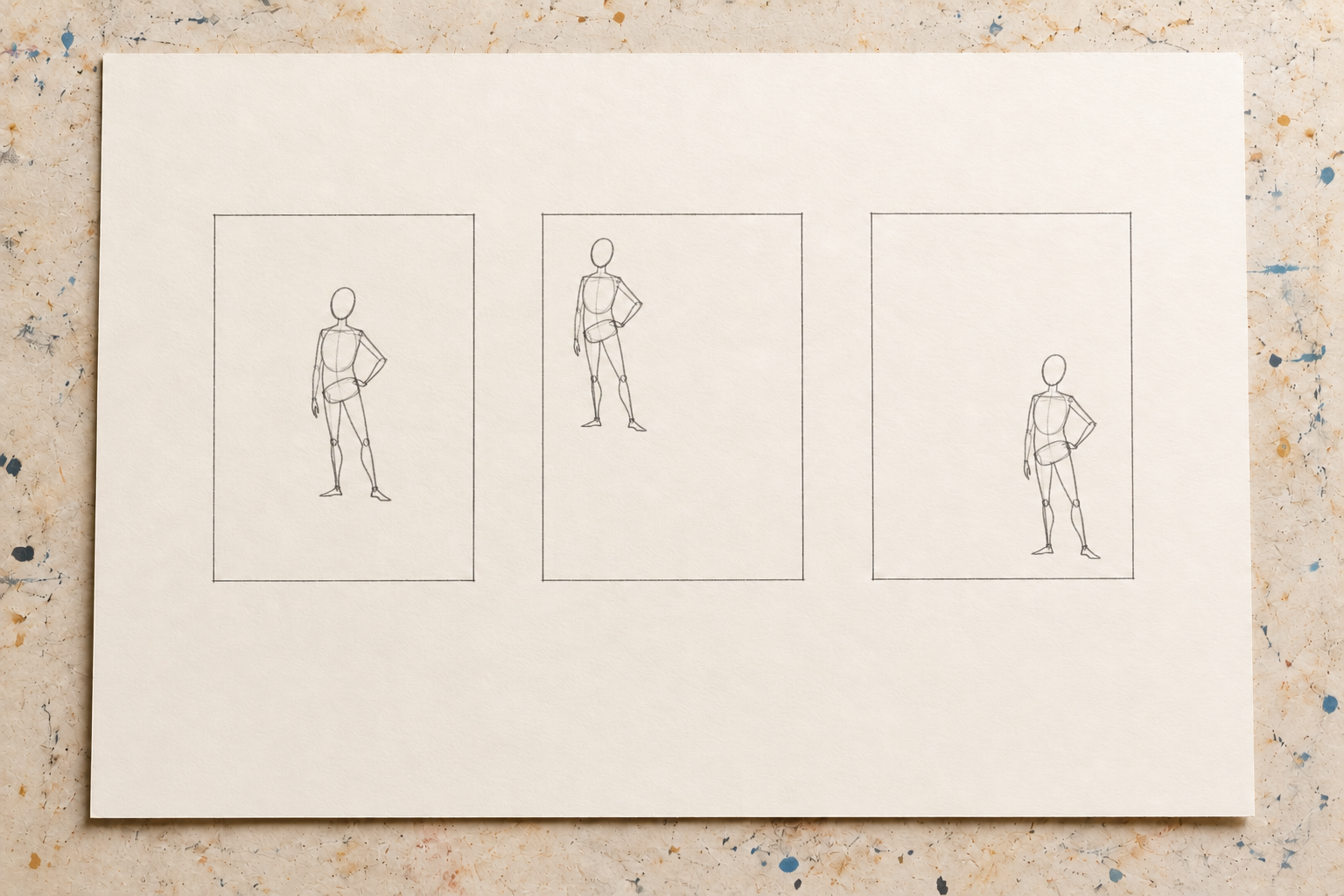 The same figure lightly sketched at three positions