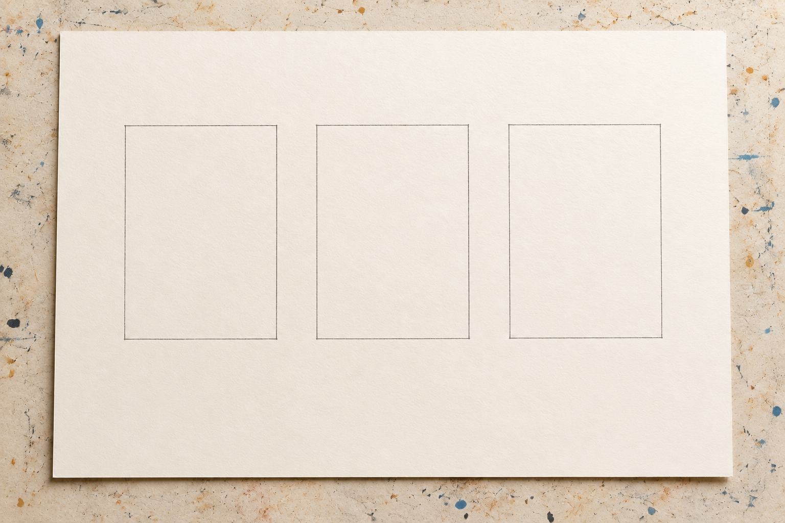 Three empty page-shaped thumbnail boxes drawn on paper