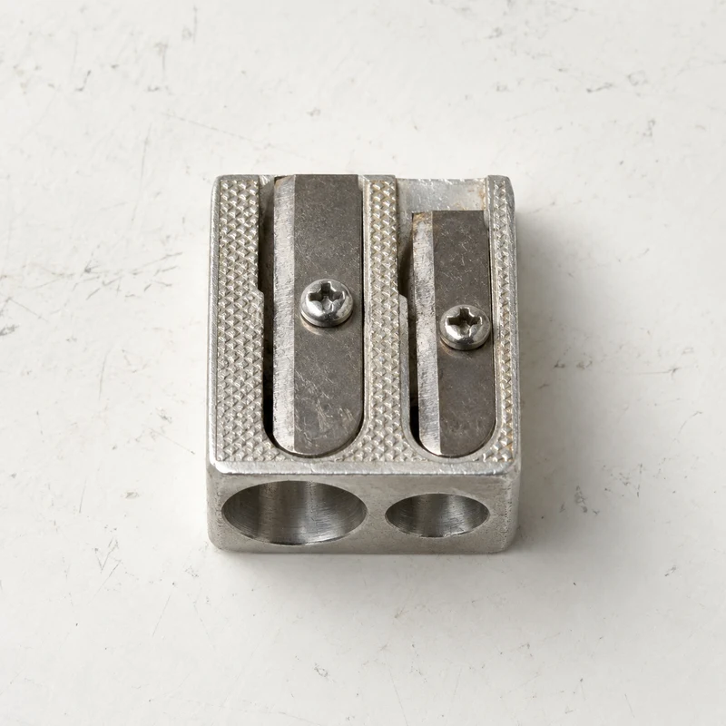 Pencil sharpener on a lightly marked white studio table