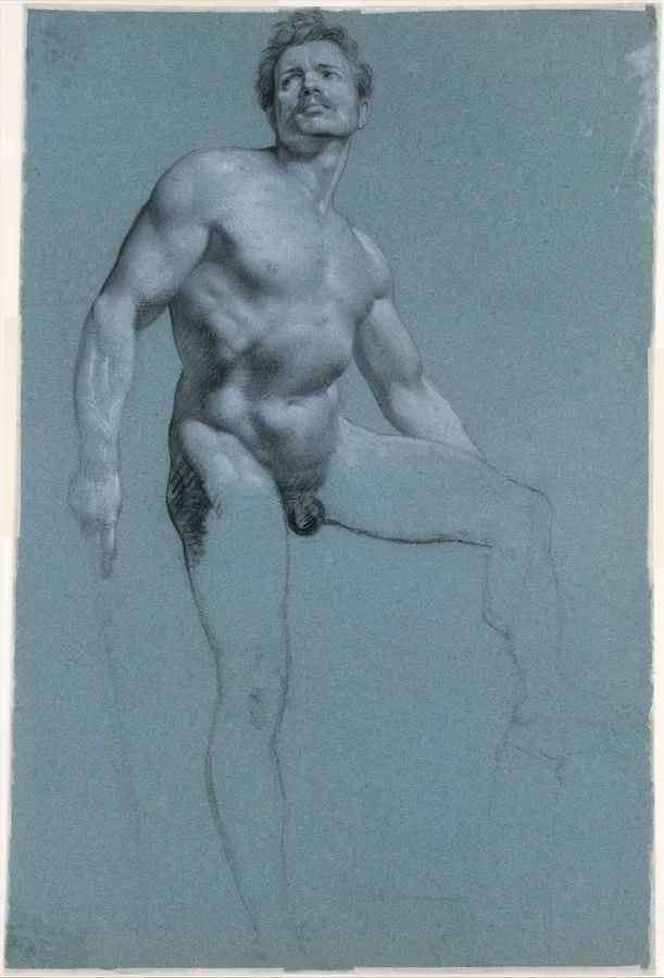 A standing male figure modeled with black and white chalk on blue paper.