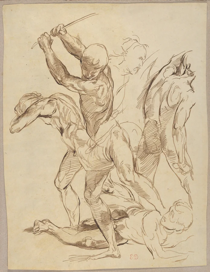 Interlocking male figures in a lively pen drawing.