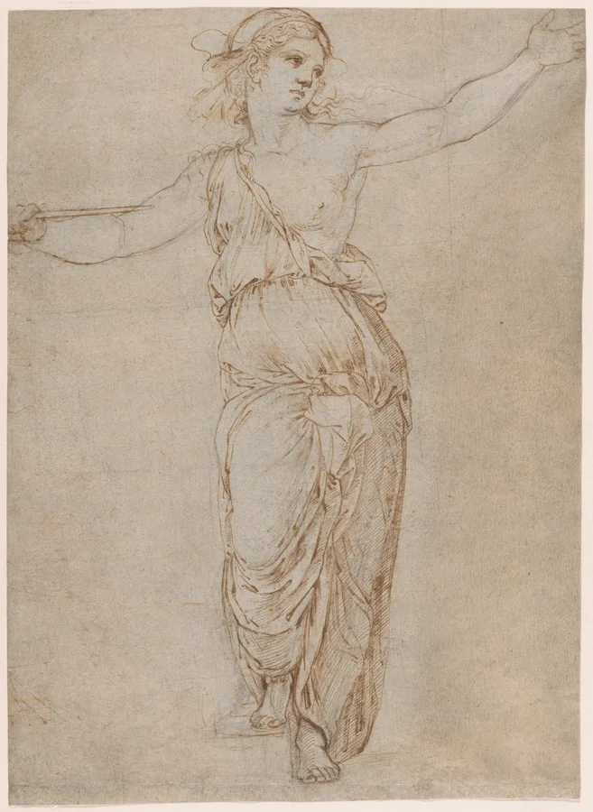 A standing female figure with extended arms and drapery.