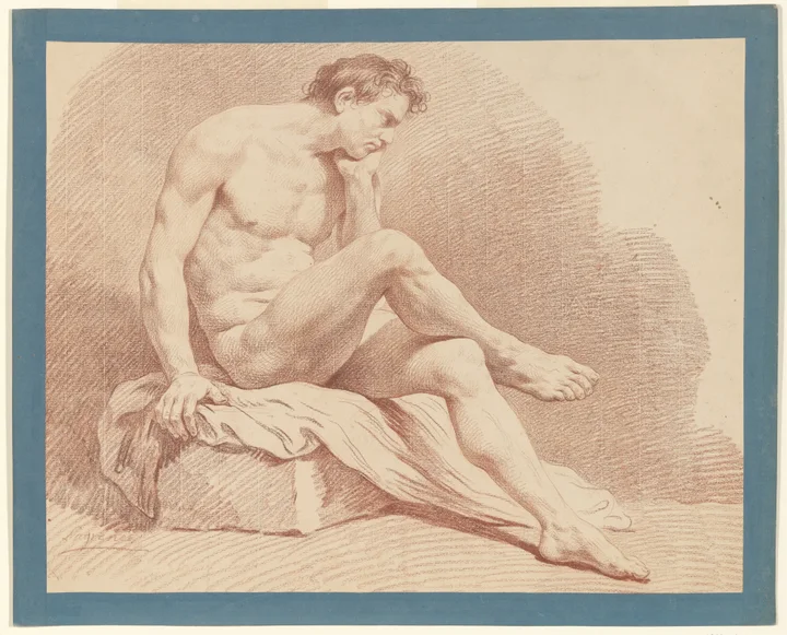 A seated male figure leaning forward, drawn in red chalk.
