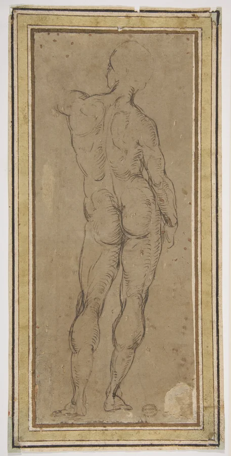 A male figure seen from behind in pen and brown ink.