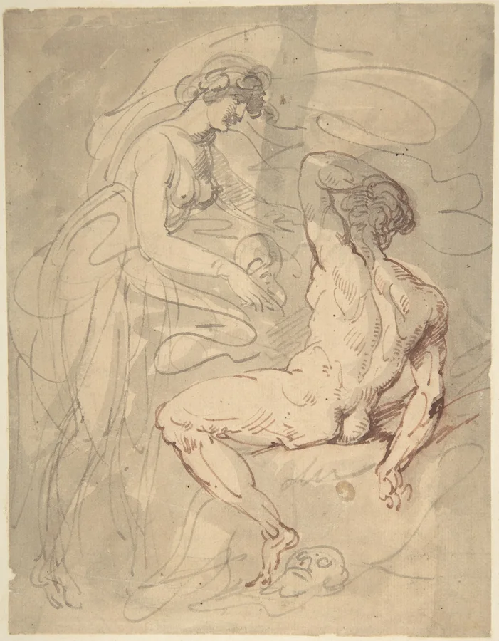 A standing woman facing a seated male figure in ink and wash.
