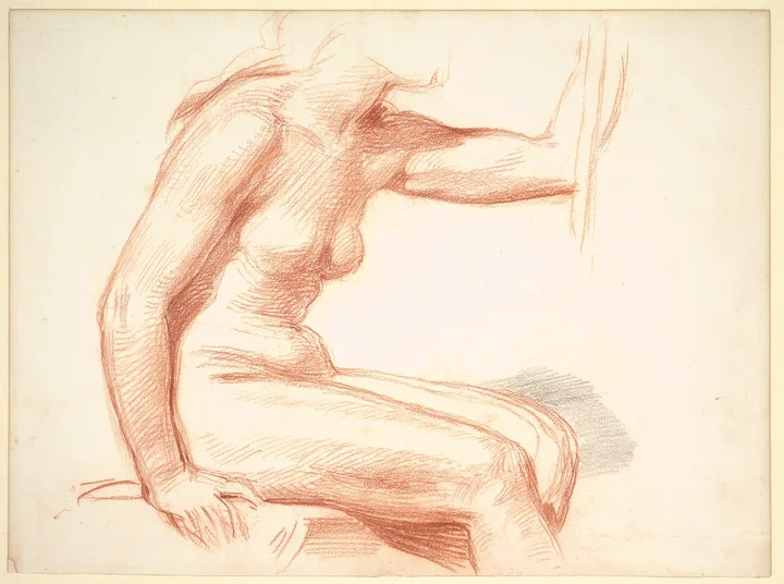 A seated female figure in profile reaching an arm forward.
