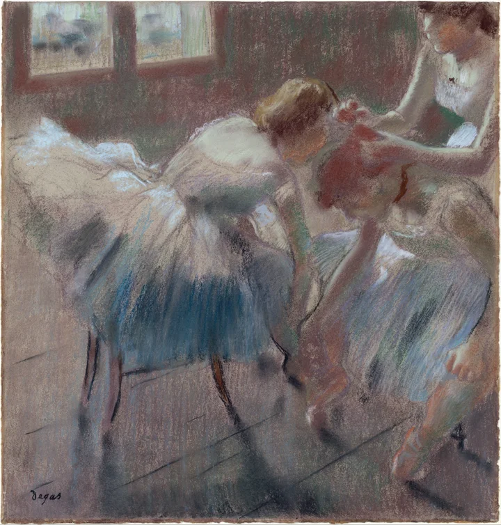 Three ballet dancers preparing for class in pastel.