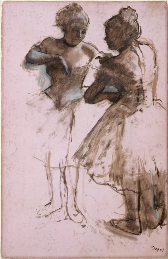 Two standing dancers drawn with dark wash on pink paper.