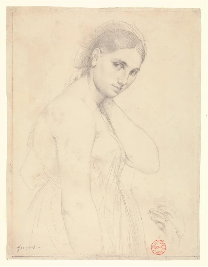 A lightly drawn female figure with a carefully described face.