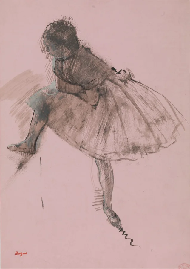 A ballet dancer bending over a lifted knee on pink paper.